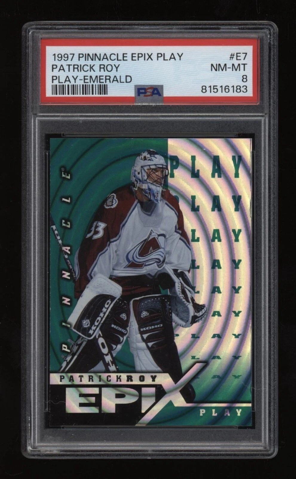 1997-98 Patrick Roy PSA 8 Pinnacle EPIX Emerald PLAY