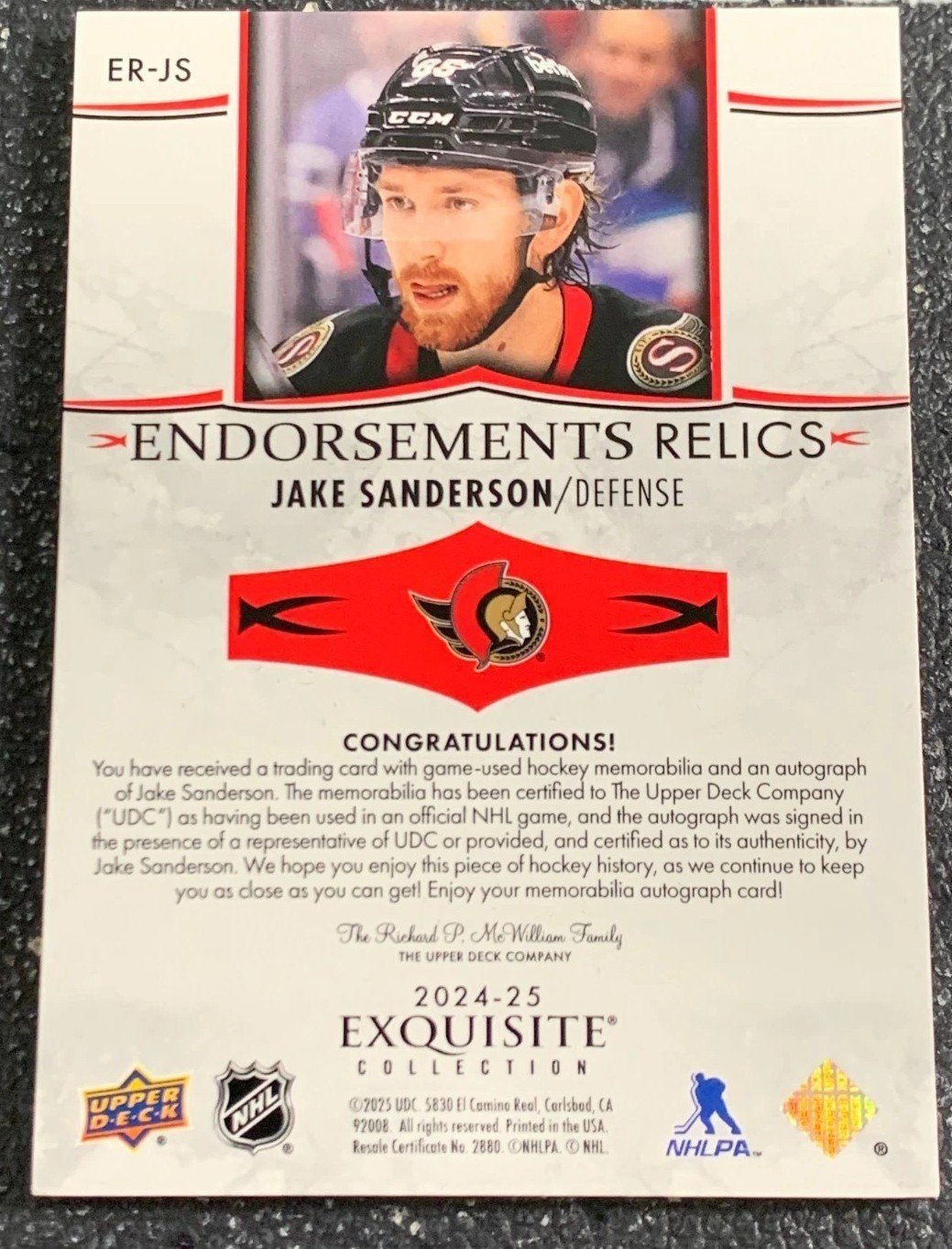 2024-25 UD The Cup Exquisite Jake Sanderson Endorsements Relics Patch Auto /50 - Image 2