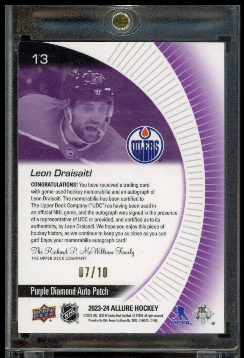 2023 Upper Deck Allure Leon Draisaitl Purple Diamond Patch Auto /10 - Image 2