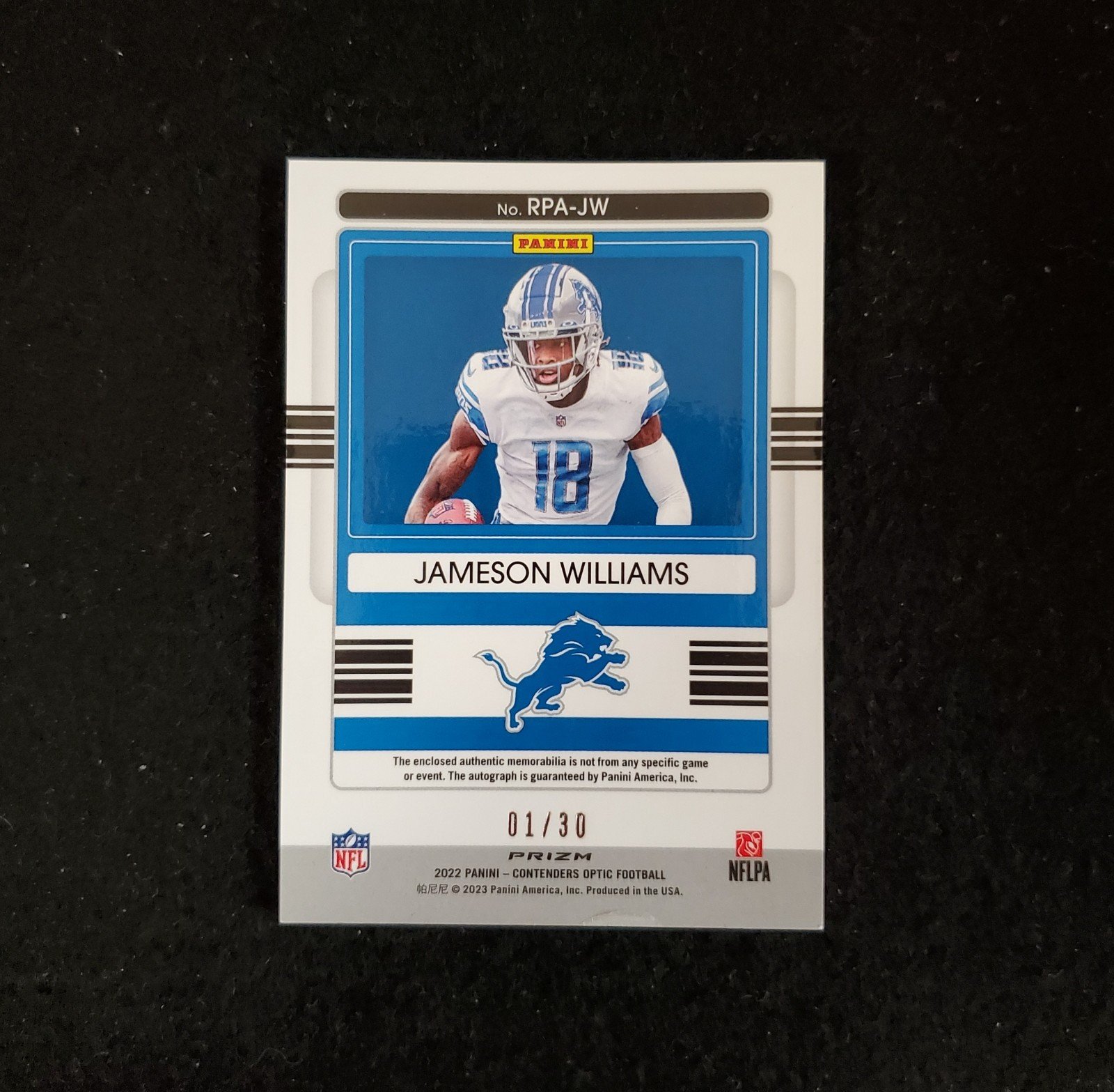 2022 Jameson Williams Contenders Optic Rookie Patch Auto 1/30 Bookend - Image 2