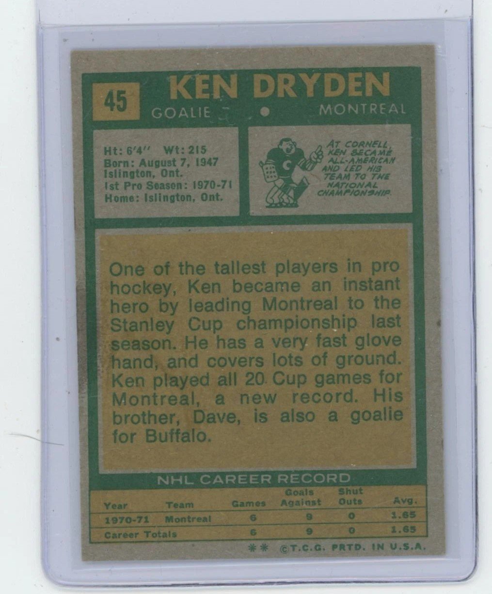 1971-72 Topps Rookie Ken Dryden #45 Montreal Canadiens - Image 2
