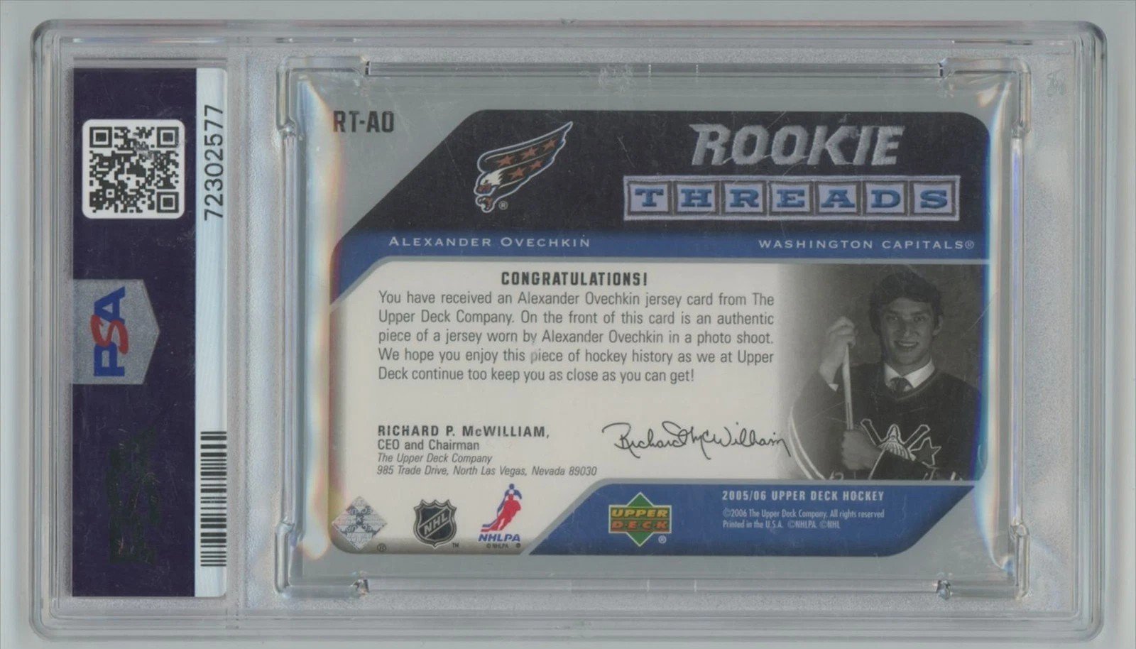 2005-06 Upper Deck Rookie Threads Relic Alexander Ovechkin PSA 8 #RT-AO - Image 2