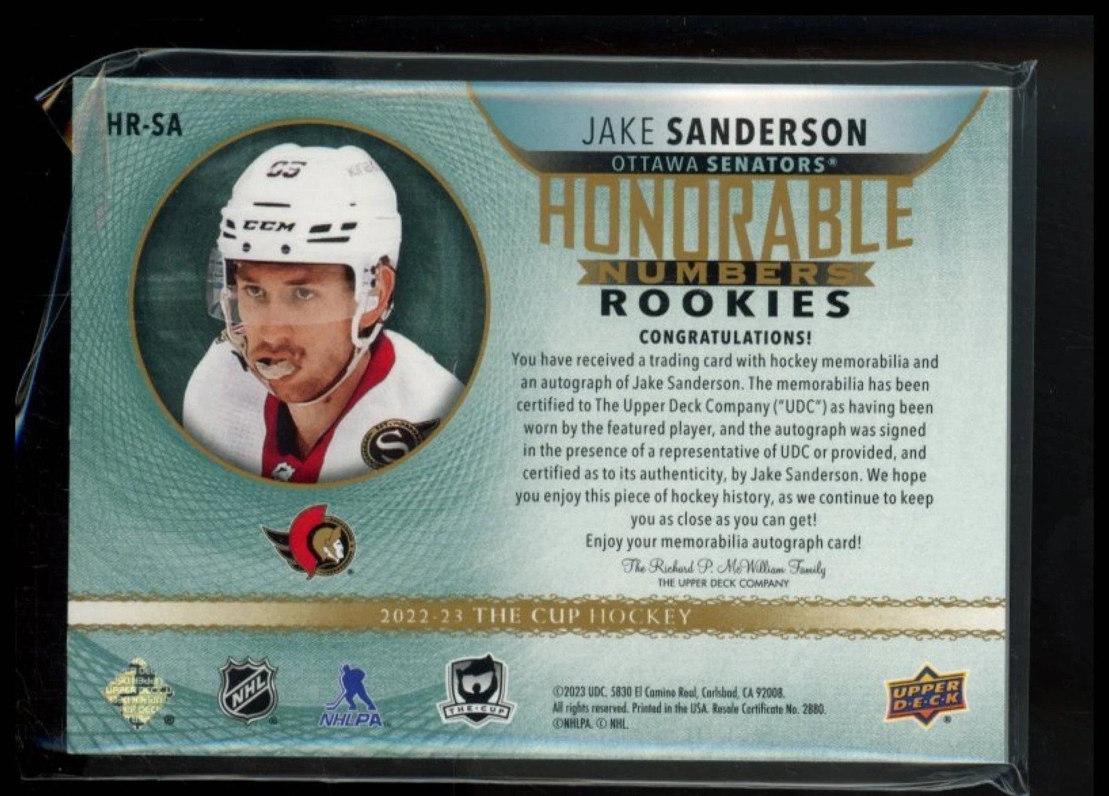 2022-23 UPPER DECK THE CUP JAKE SANDERSON ROOKIE PATCH AUTO RPA /85 - Image 2
