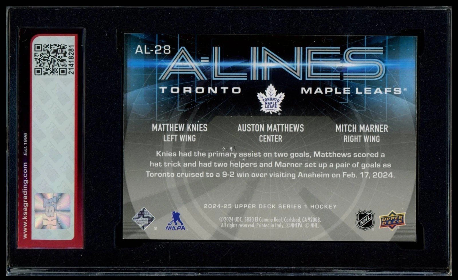 2024 UPPER DECK #AL-28 MATTHEW KNIES AUSTON MATTHEWS MITCH MARNER A LINES KSA 10 - Image 2