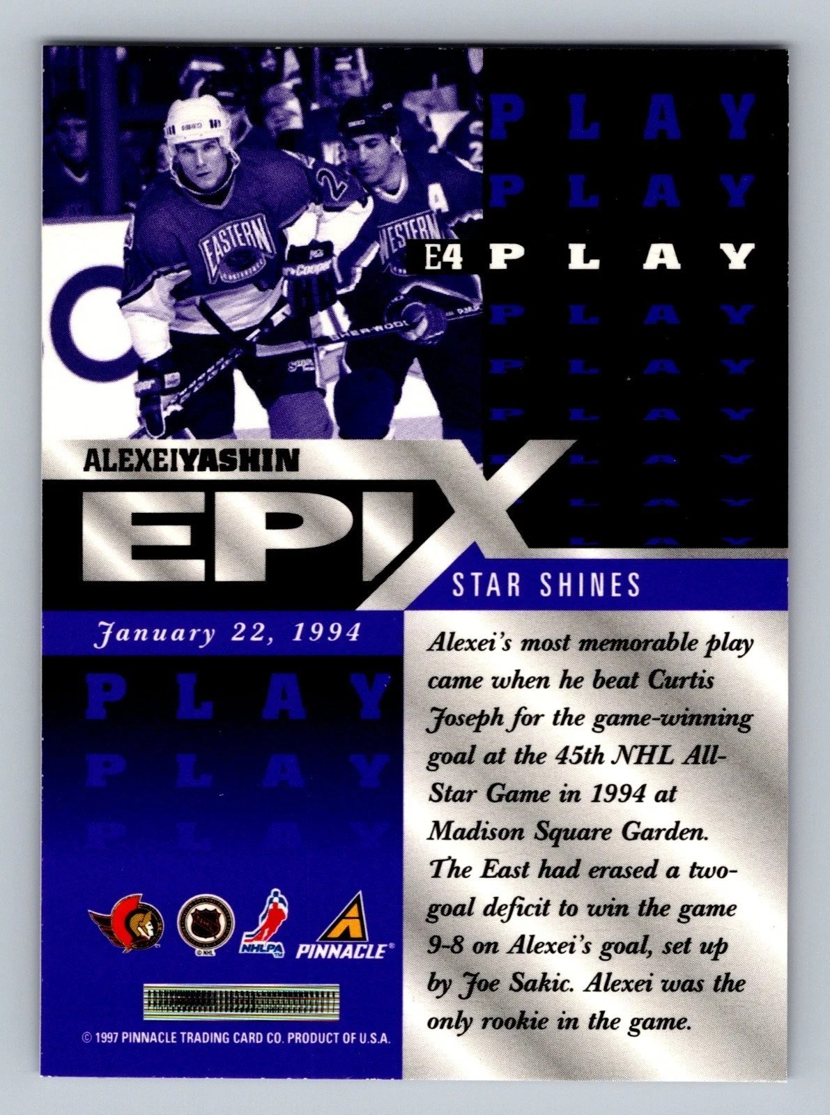 1997-98 Pinnacle Hockey Alexei Yashin Epix Play Purple #E4 - Image 2