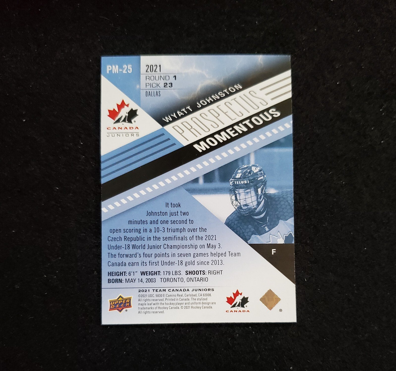 2021 Wyatt Johnston Upper Deck Team Canada Juniors Rookie Electric Blue /45 - Image 2