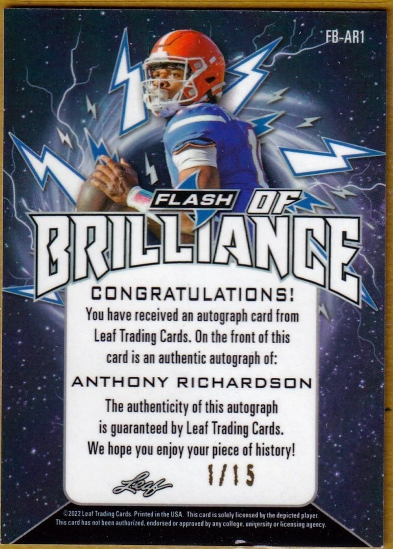 2022 Leaf Flash Flash of Brilliance Autographs Pink - Anthony Richardson /15 - Image 2