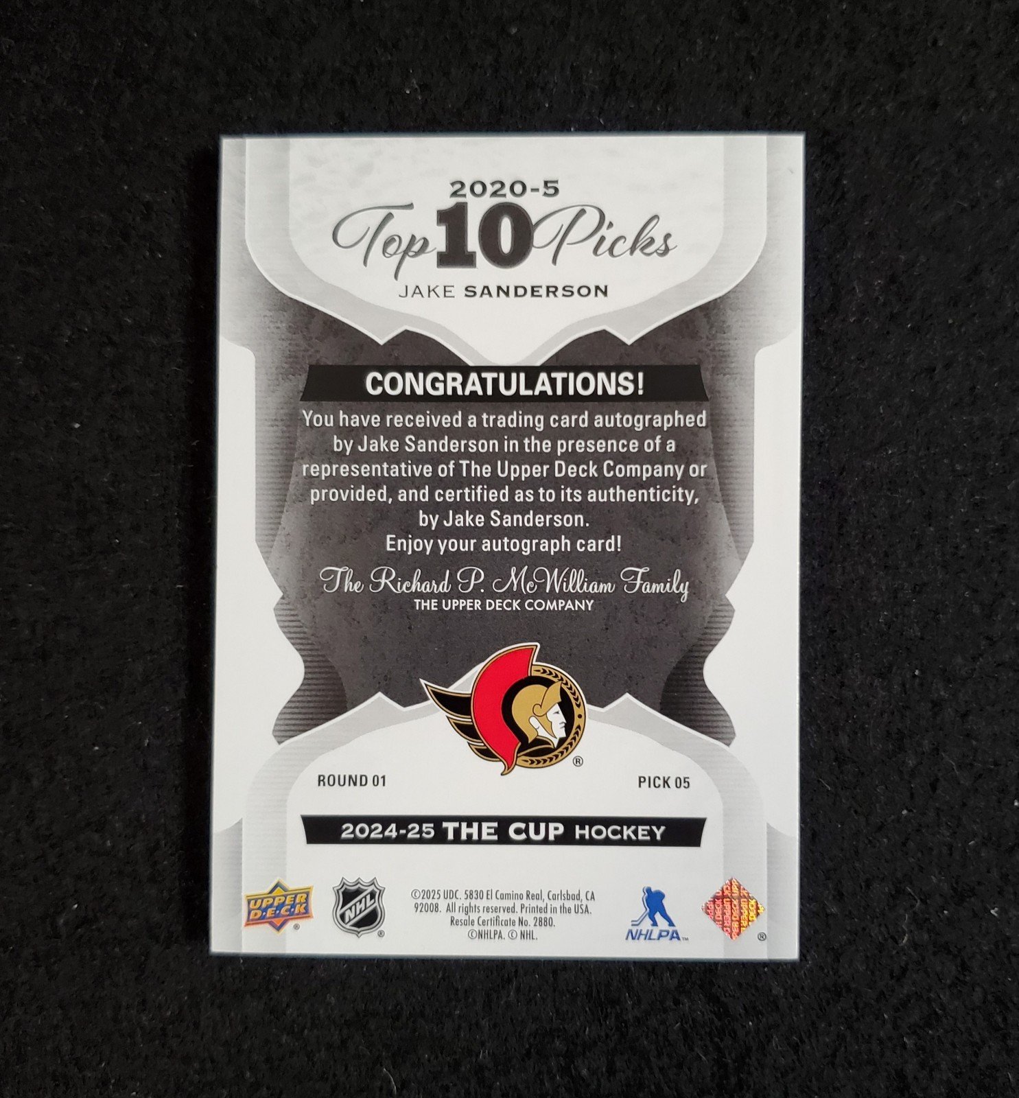 2024-25 Upper Deck The Cup Jake Sanderson Top 10 Picks Auto 5/5 - Image 2