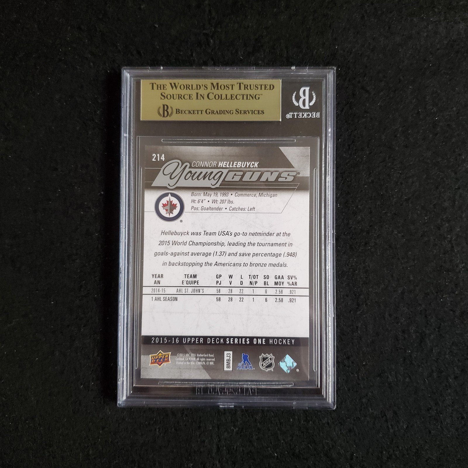 2015-16 Upper Deck Connor Hellebuyck Young Guns Rookie BGS 9.5 - Image 2