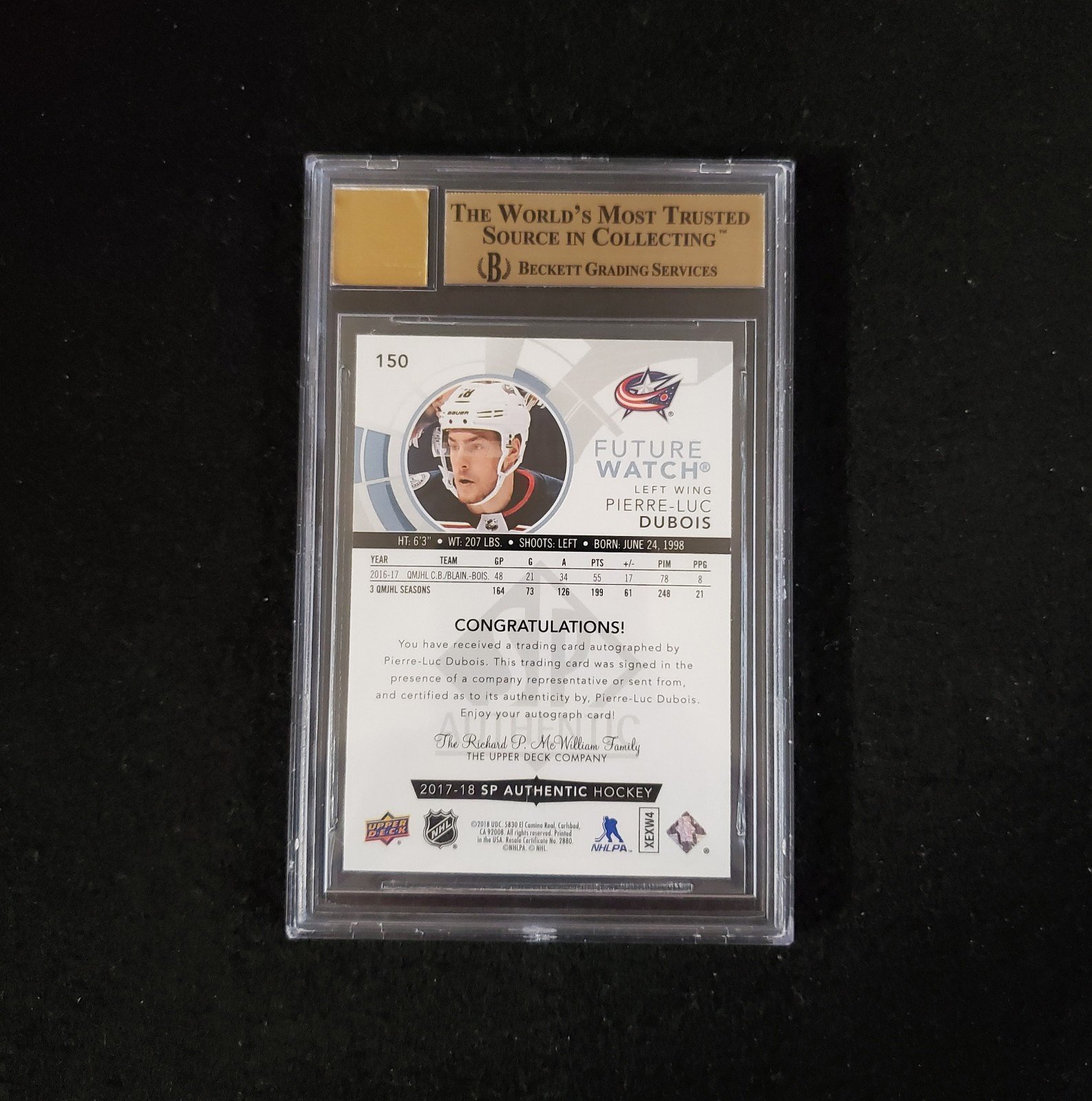 2017-18 Pierre-Luc Dubois SP Authentic Future Watch Auto Rookie /999 BGS 9.5 - Image 2