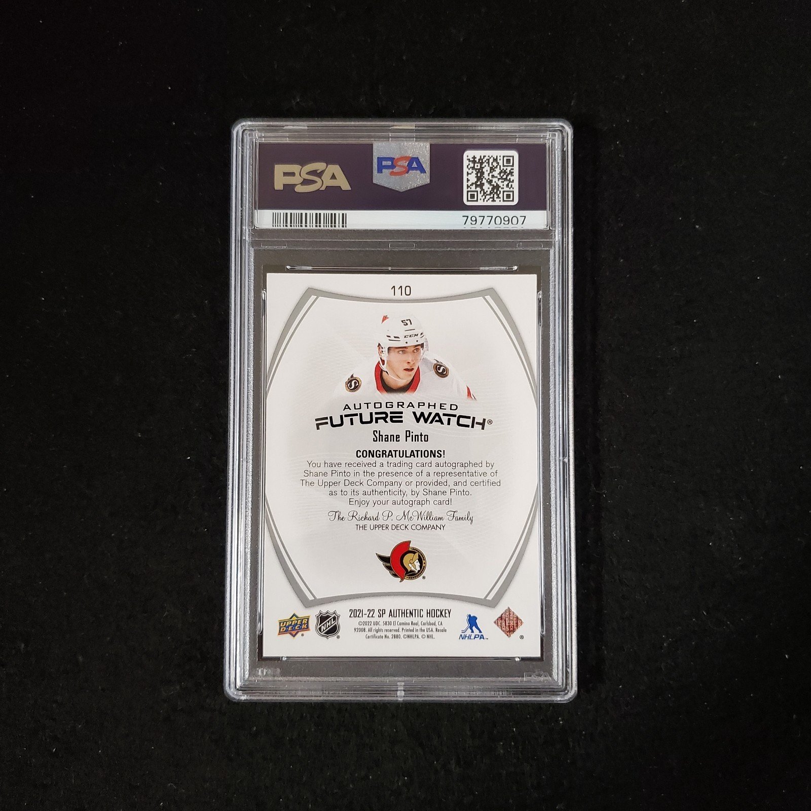 2021-22 Shane Pinto SP Authentic Future Watch Auto /999 PSA 10 - Image 2