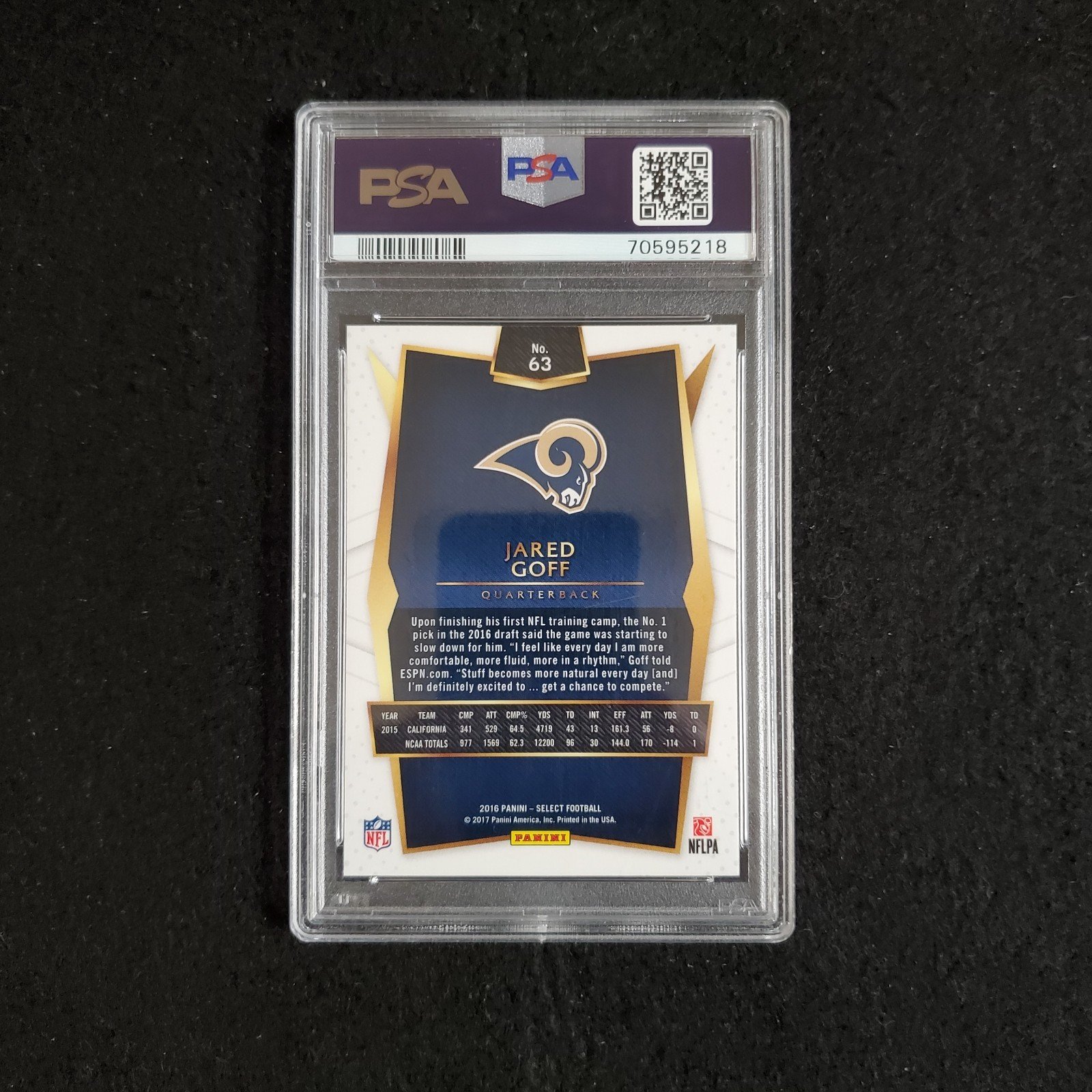 2016 Jared Goff Panini Select Rookie Silver Holo Prizm PSA 10 - Image 2