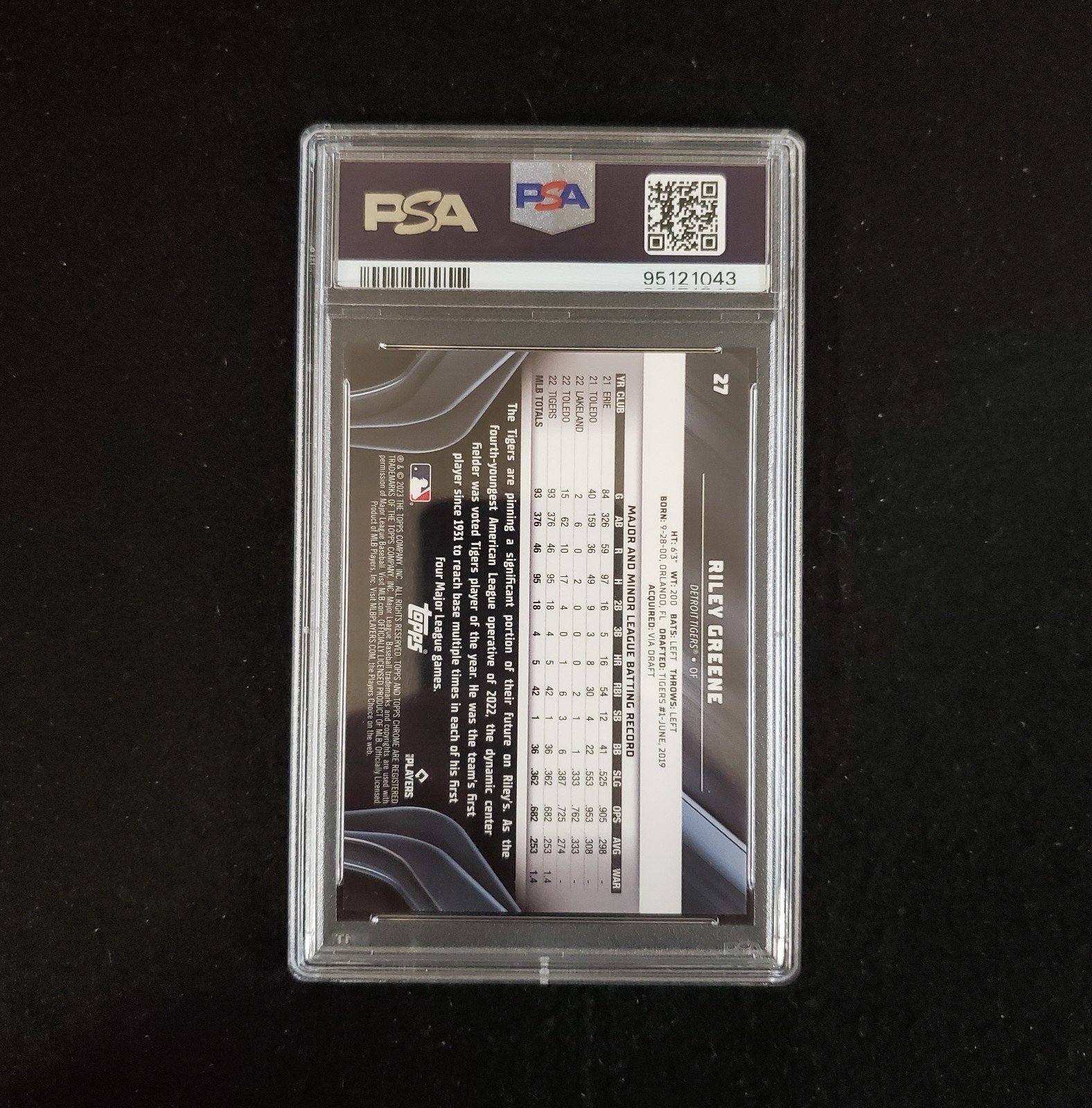 2023 Riley Greene Topps Chrome Black Rookie Blue Lava Refractor /75 PSA 10 - Image 2