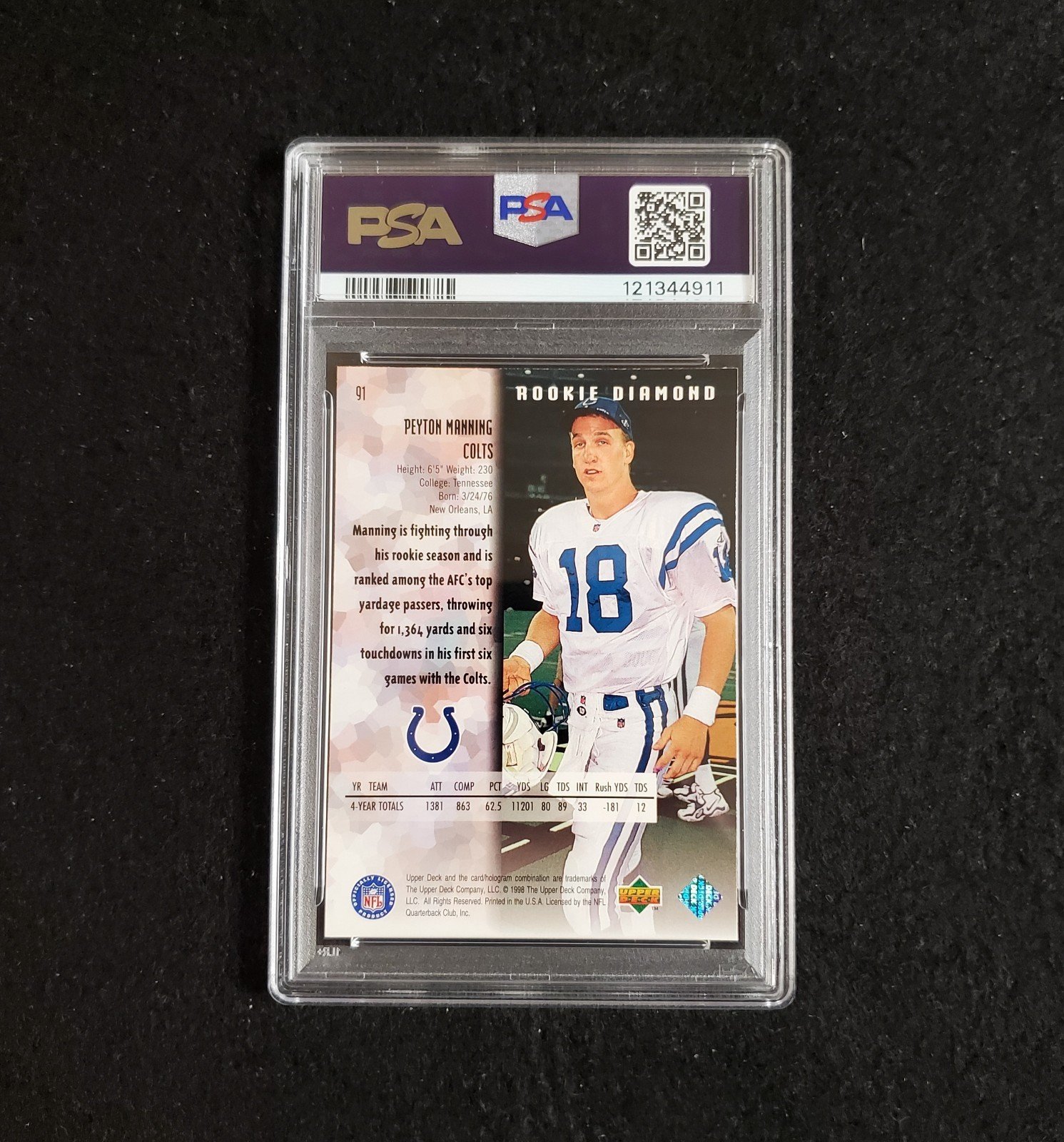 1998 Peyton Manning Upper Deck Black Diamond Rookie PSA 9 - Image 2