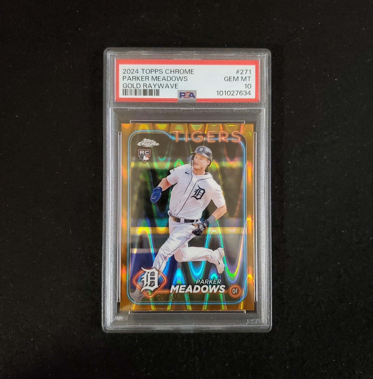 2024 Parker Meadows Topps Chrome Rookie Gold Raywave /50 psa 10