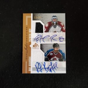 2006-07 UD SP GAME USED PATRICK ROY / RAY BOURQUE DUAL INKED SWEATERS AUTO /25