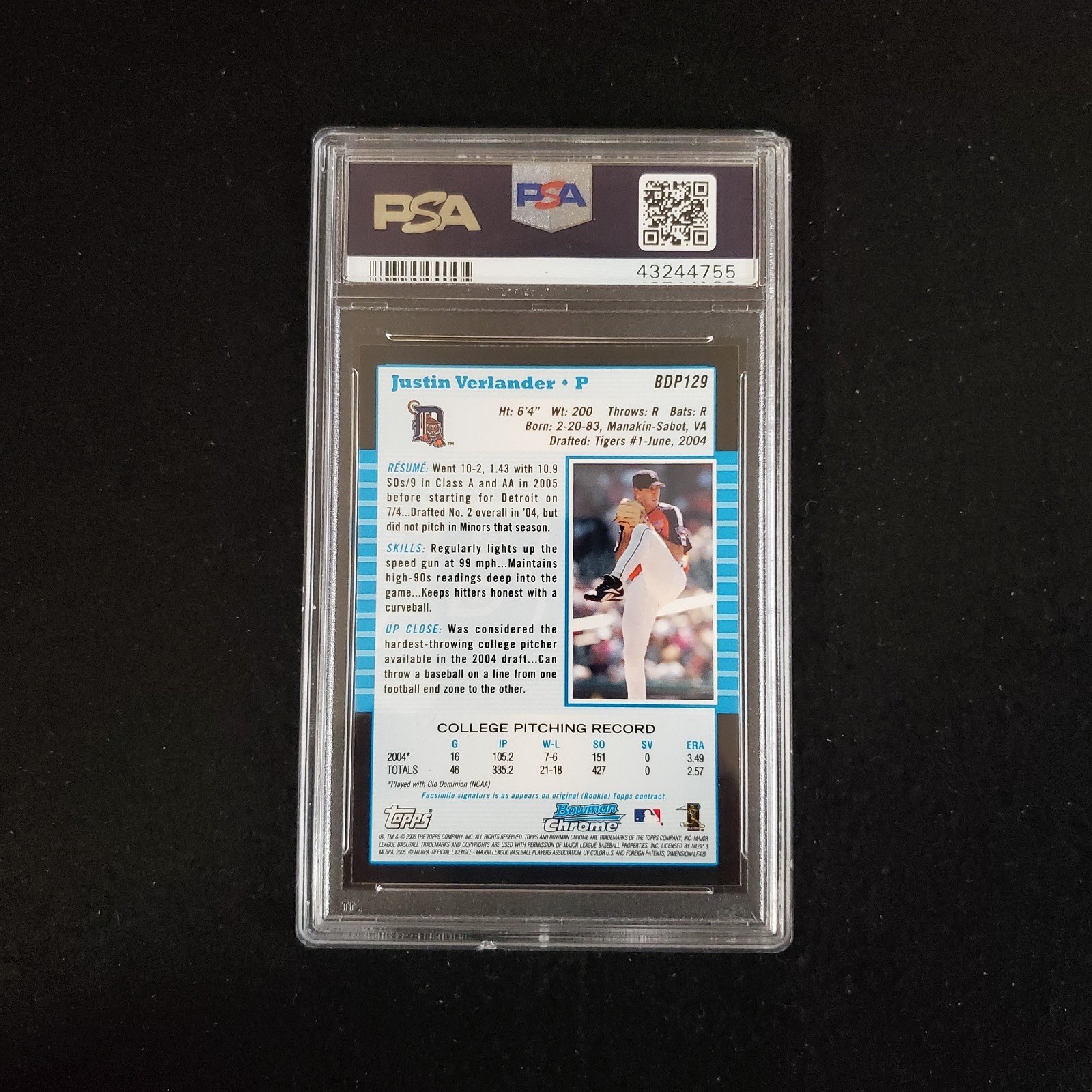 2005 Justin Verlander Bowman Chrome Draft Rookie PSA 9 - Image 2