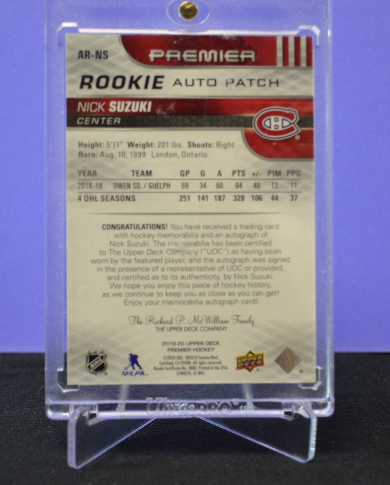 2019-20 Nick Suzuki Premier /99 Super Rookies Rookie Patch Auto RPA - Image 2