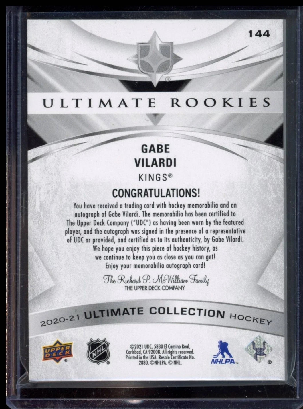 2020 Upper Deck Ultimate Collection #144 Gabe Vilardi Rookies Auto Patch Rc /99 - Image 2