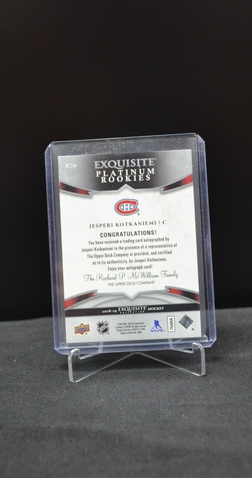 2018-19 Exquisite Collection Jesperi Kotkaniemi Rookie Auto RC #'ed 27/99 - Image 2
