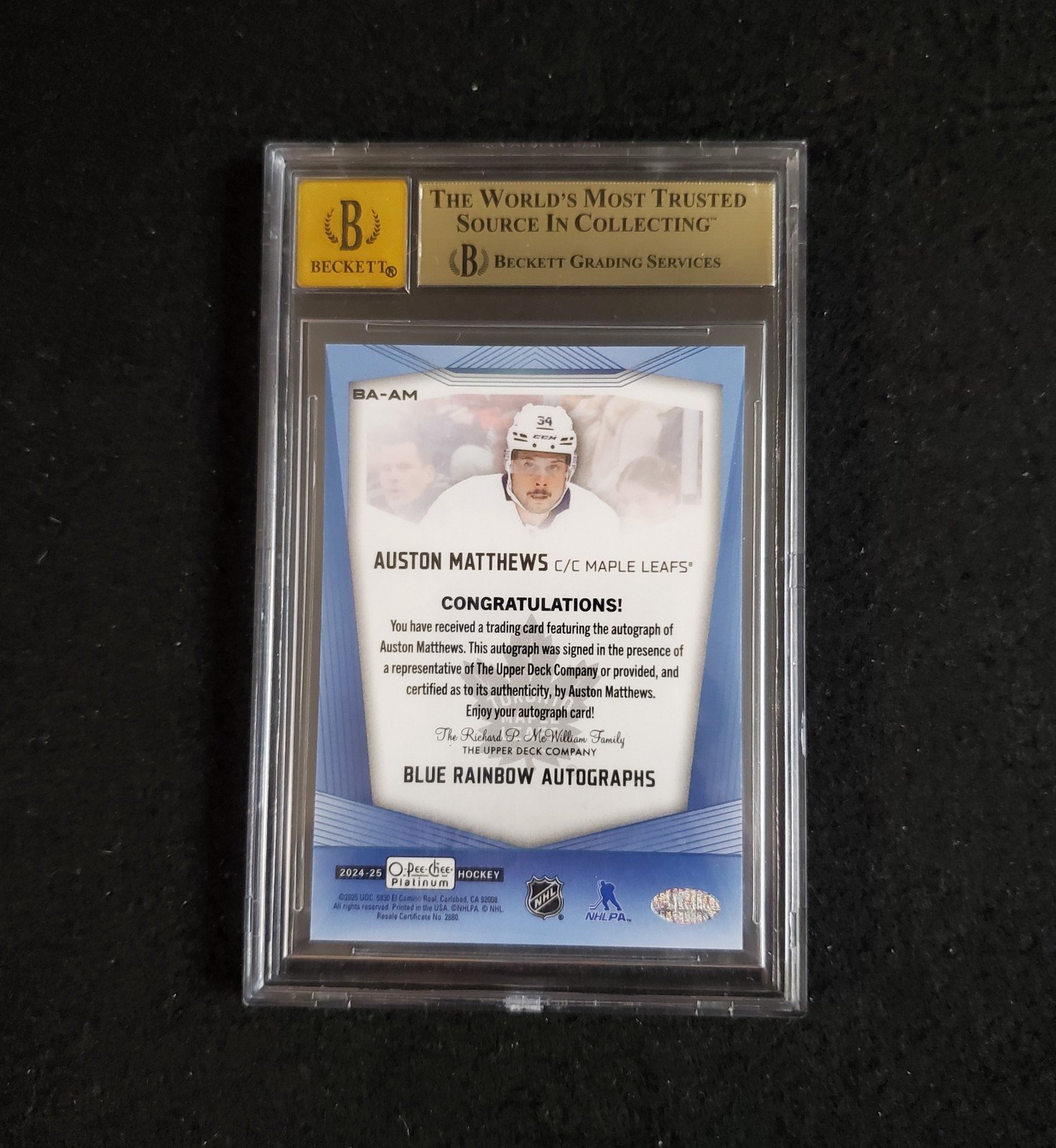 2024-25 O-Pee-Chee Platinum Auston Matthews Blue Rainbow Auto SP BGS 9.5/10 - Image 2