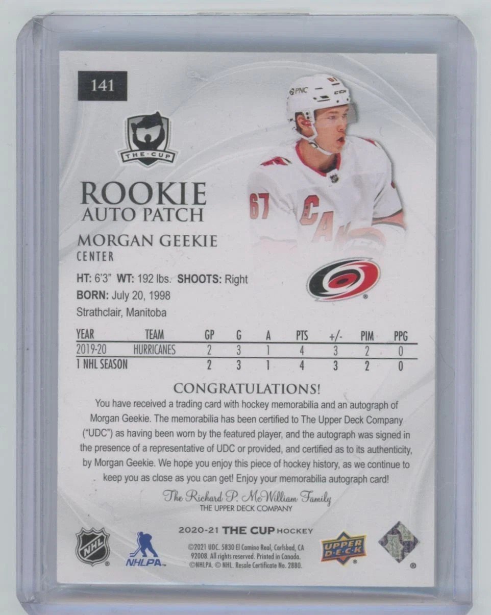 2020-21 Upper Deck The Cup Rookie Auto Patch Morgan Geekie /249 #141 Carolina - Image 2