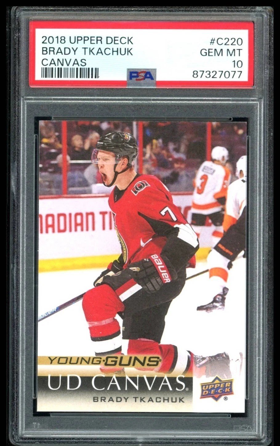 2018 UPPER DECK #C220 BRADY TKACHUK UD CANVAS YOUNG GUNS RC ROOKIE PSA 10