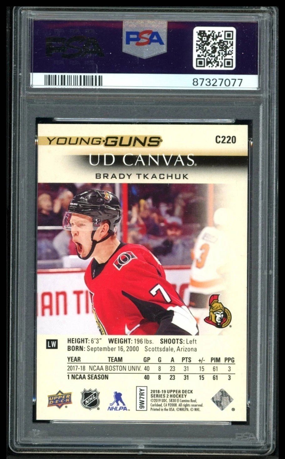 2018 UPPER DECK #C220 BRADY TKACHUK UD CANVAS YOUNG GUNS RC ROOKIE PSA 10 - Image 2
