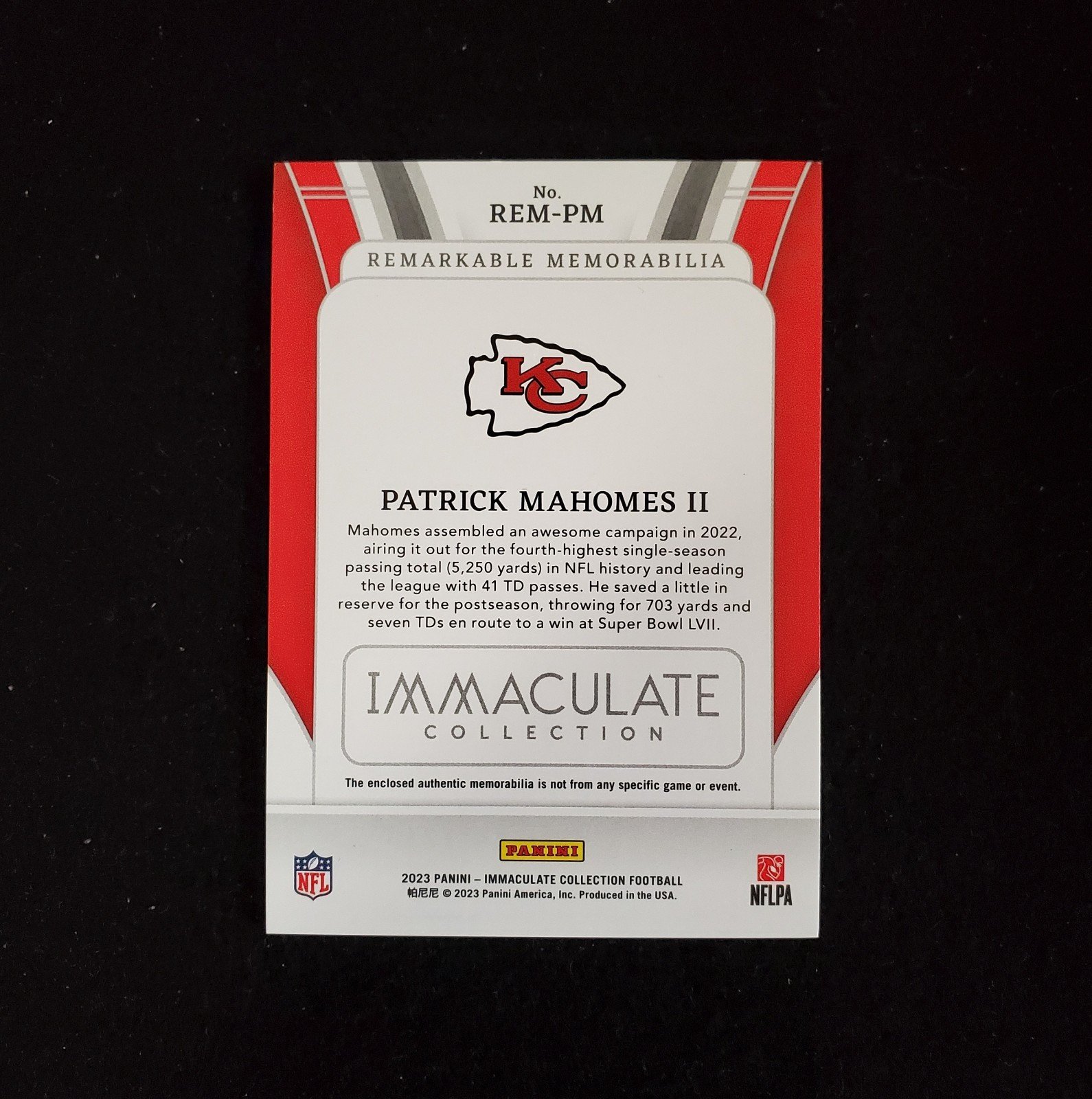 2023 Panini Immaculate Patrick Mahomes Remarkable Memorabilia Patch /49 - Image 2
