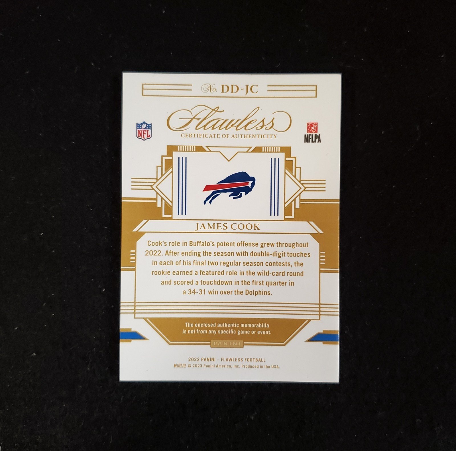 2022 PANINI FLAWLESS JAMES COOK DEBUT DUALS ROOKIE PATCH /15 - Image 2