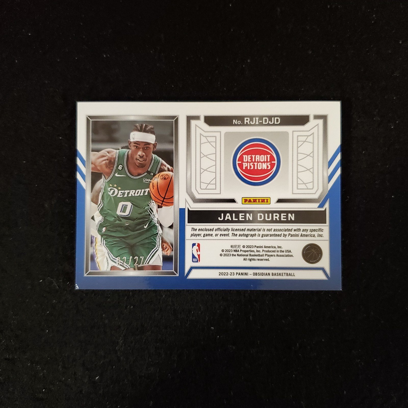 2022-23 Jalen Duren Panini Obsidian Rookie Patch Auto RPA Electric Etch Blue /27 - Image 2