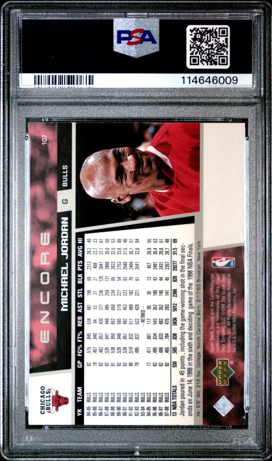 1998-99 Upper Deck Encore Michael Jordan #107 PSA 7 Chicago Bulls HOF - Image 2