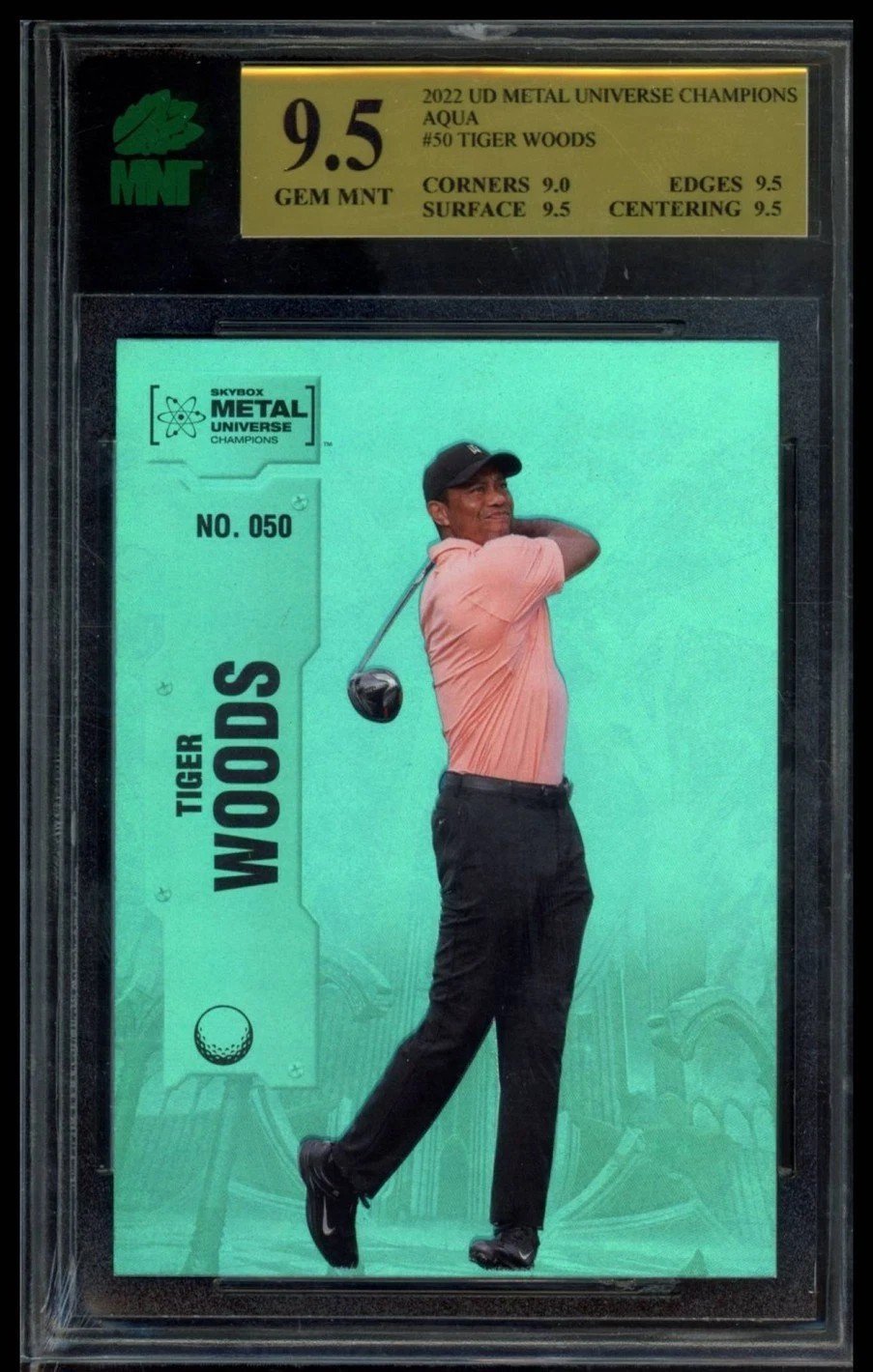 2022 SKYBOX METAL UNIVERSE CHAMPIONS #050 TIGER WOODS AQUA MNT 9.5