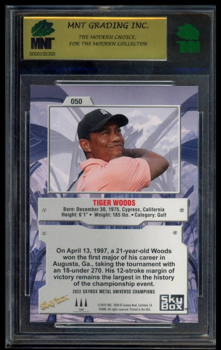 2022 SKYBOX METAL UNIVERSE CHAMPIONS #050 TIGER WOODS AQUA MNT 9.5 - Image 2