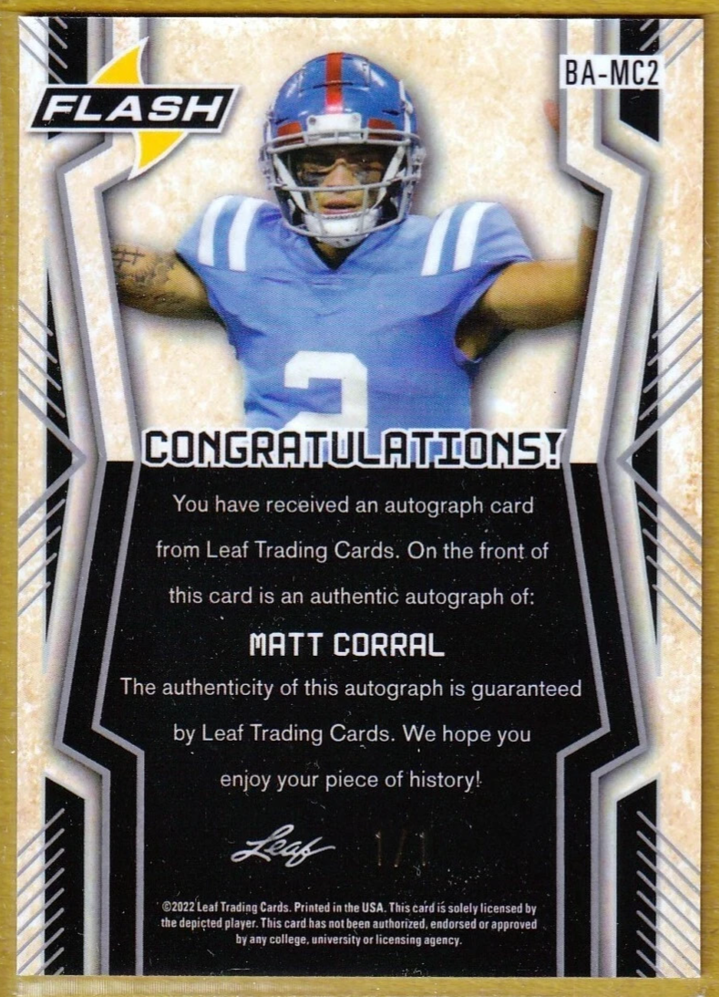 2022 Leaf Flash Autographs Red Flood Gold Circles Matt Corral RC AUTO 1/1 - Image 2