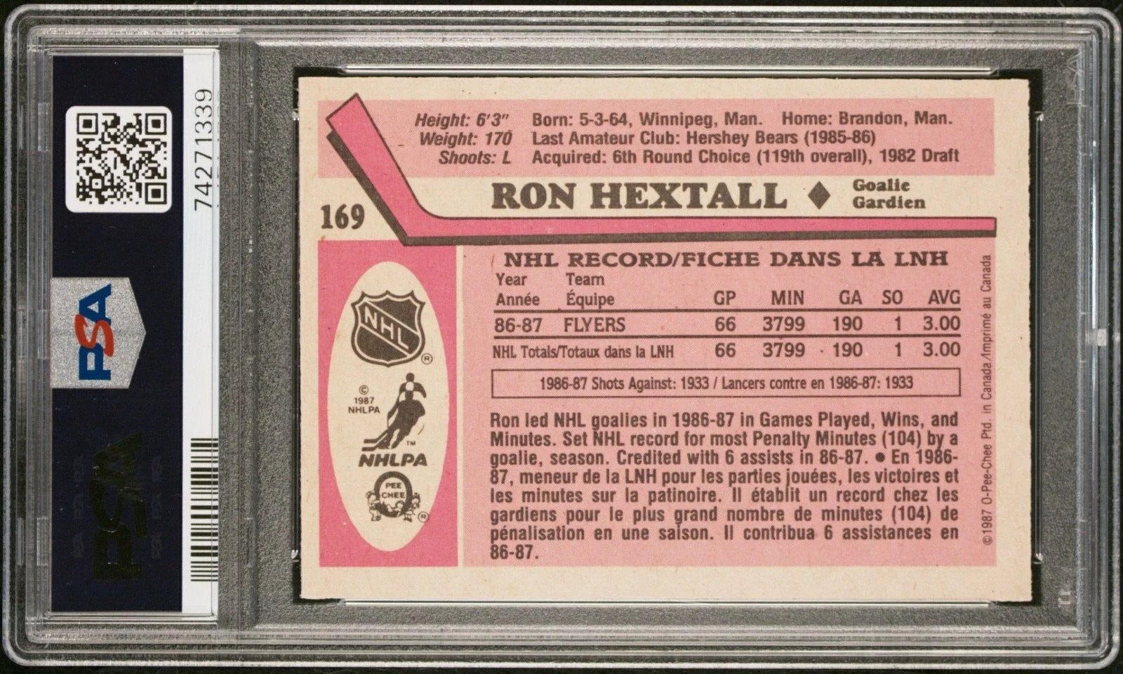 1987-88 O-Pee-Chee Ron Hextall Rookie PSA 8 - Image 2