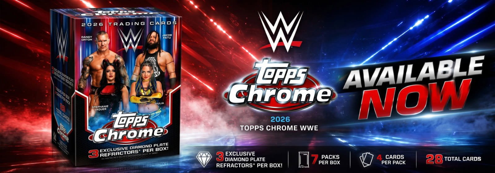 WWE Topps Chrome 2026 trading cards available at Kaboom Hobby with exclusive Diamond Plate refractors.