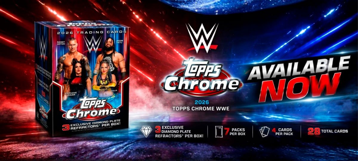 WWE Topps Chrome 2026 trading cards available at Kaboom Hobby with exclusive Diamond Plate refractors.