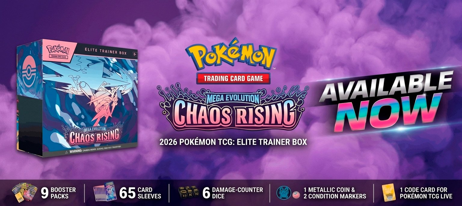 Promotional banner for the 2026 Pokémon TCG Mega Evolution Chaos Rising Elite Trainer Box, showing the ETB product design against a purple smoky background, labeled Available Now.
